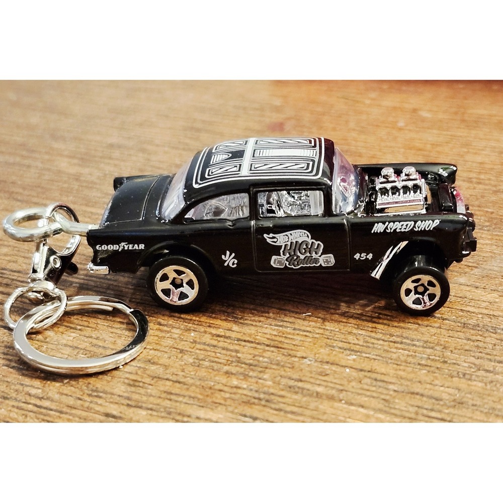 Hot Wheels '55 Chevy Bel‎ Air Gasser Key Chain Black White 5 spoke High Roller